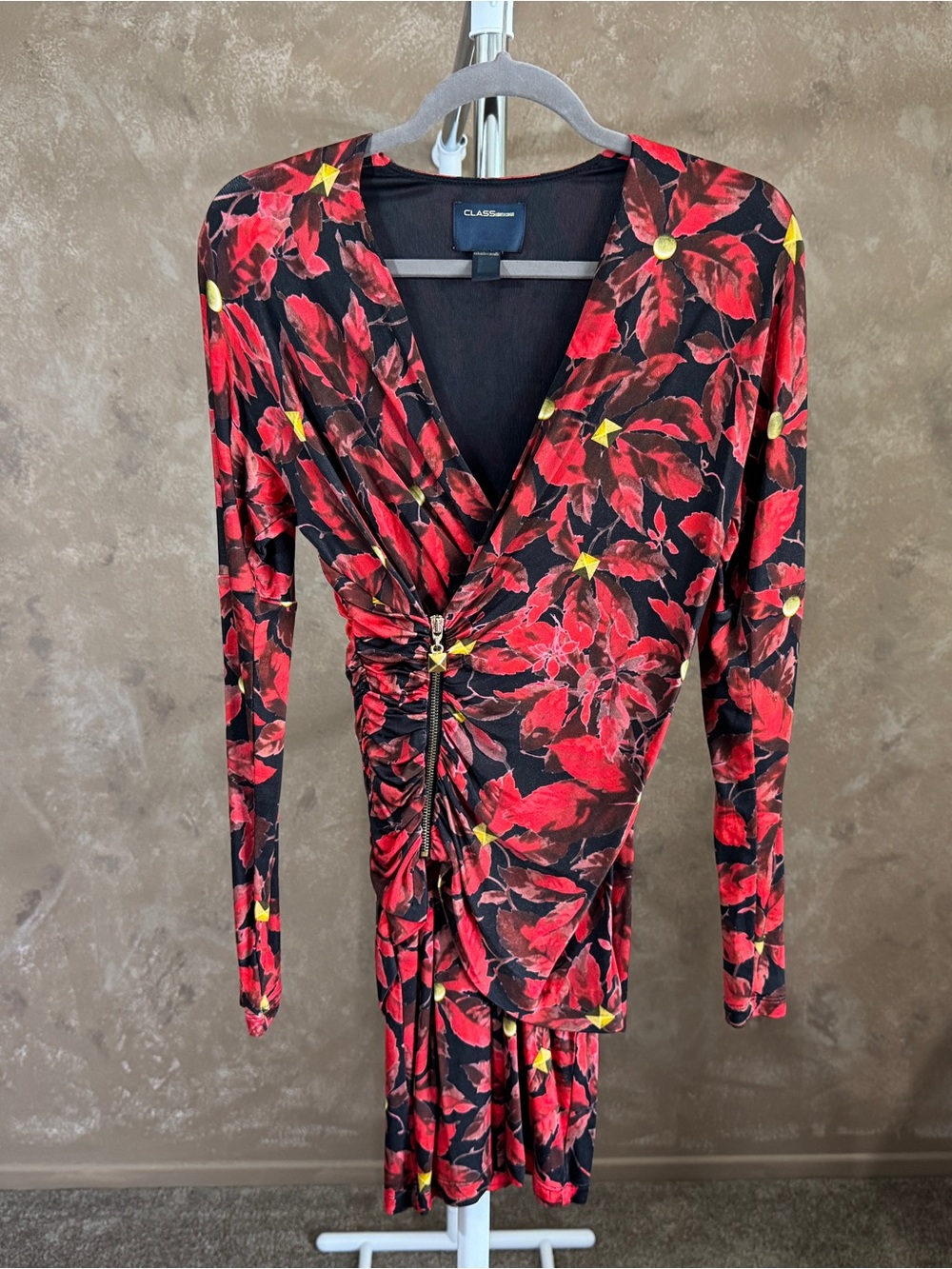 Designer Class ROBERTO CAVALLI Red Floral Ruched V-Neck Dress Y2K Sz 6 - Picture 7 of 13